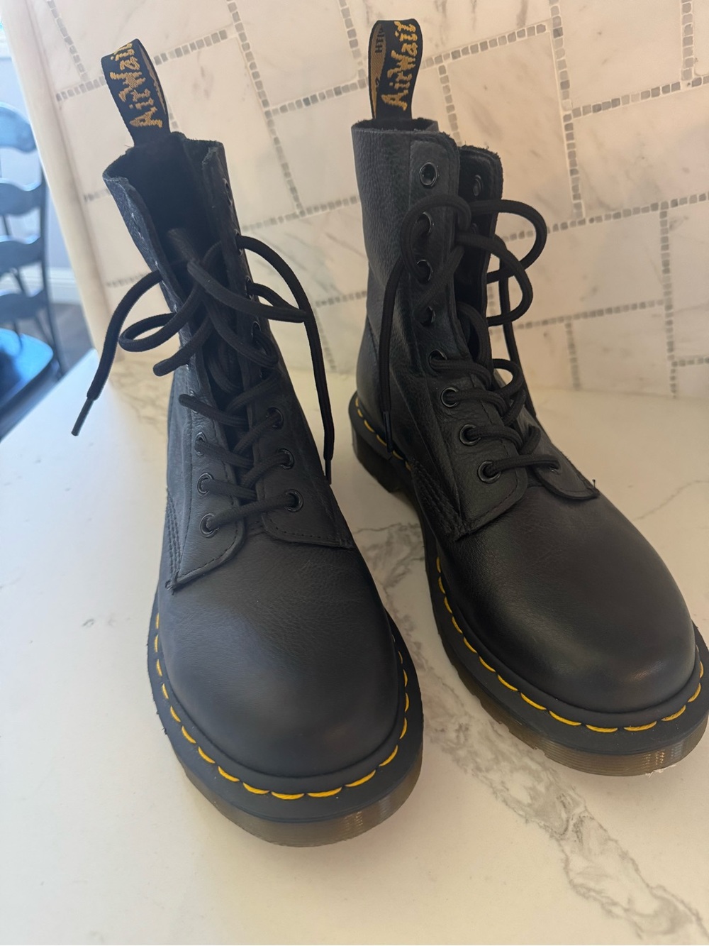 Dr. Martens Leather Lace-Up Combat Boots with Yellow Stitching